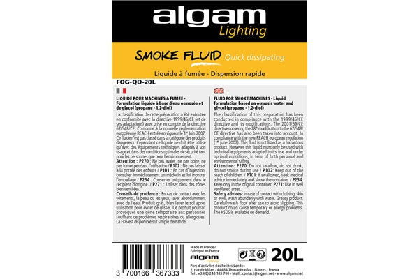 Algam Lighting FOG-QD-20L Liquido Fumo Dispersione Rapida Effetto CO2 20L