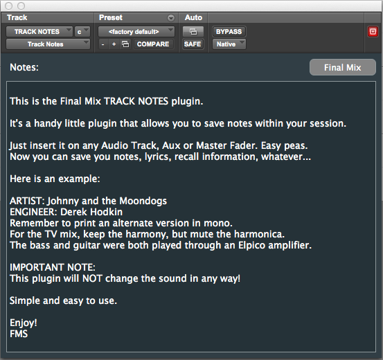 Final Mix Software Track Notes III