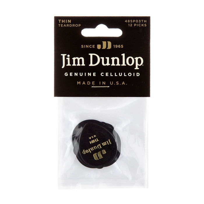 Dunlop 485P-03TH Celluloid Teardrop, Black Thin Player's Pack/12