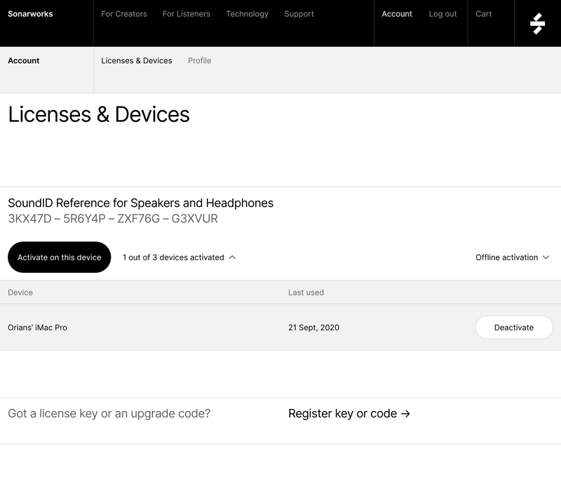 SONARWORKS Upgrade da Reference 4 HE a SoundID per Cuffie - Codice